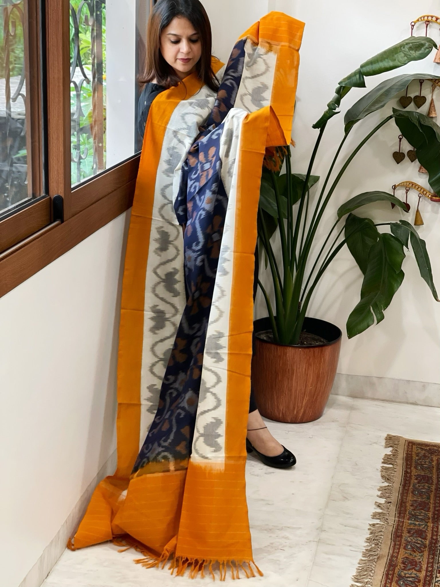 Blue, Yellow Handwoven Ikat Dupatta in Cotton - Masakalee