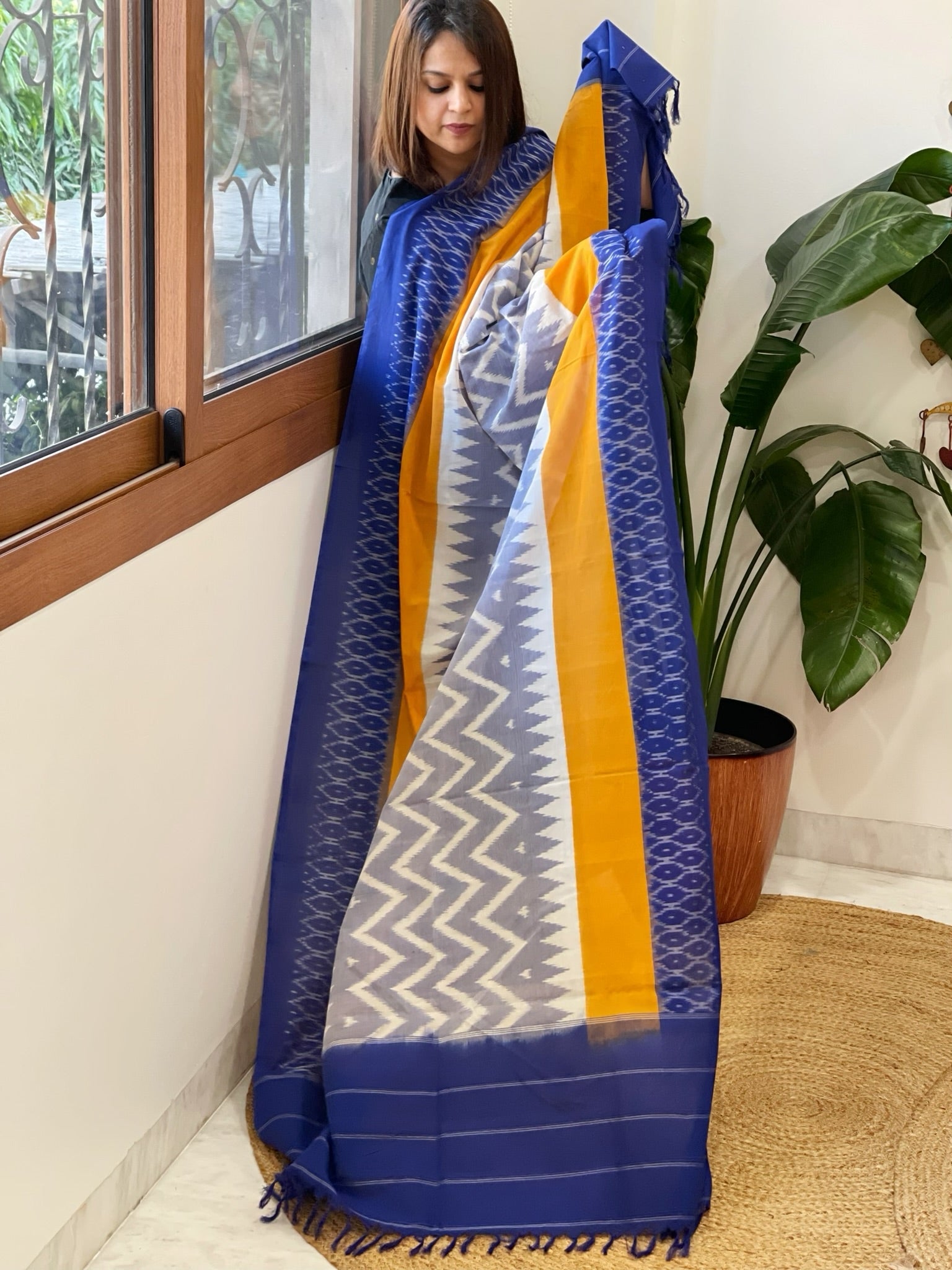 Blue, Yellow Handwoven Ikat Dupatta in Cotton - Masakalee