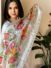 Bluish Grey Organza Dupatta with cross - stitch embroidery - Masakalee