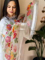 Bluish Grey Organza Dupatta with cross - stitch embroidery - Masakalee