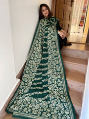 Bottle Green Handmade Nakshi Kantha Dupatta in Pure Silk - Masakalee