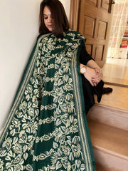 Bottle Green Handmade Nakshi Kantha Dupatta in Pure Silk - Masakalee