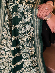 Bottle Green Handmade Nakshi Kantha Dupatta in Pure Silk - Masakalee