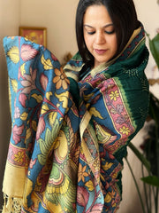 Bottle Green Rai Bandhej Dupatta with Handpainted Kalamkari Pallu in Pure Muga Silk - Masakalee
