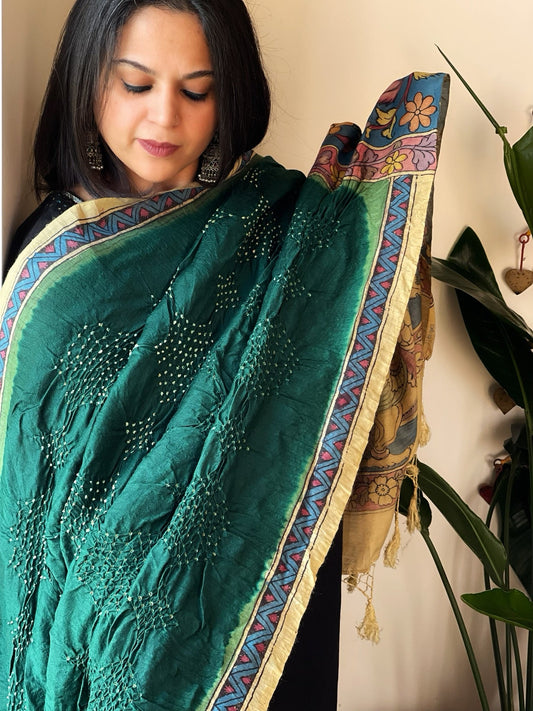 Bottle Green Rai Bandhej Dupatta with Handpainted Kalamkari Pallu in Pure Muga Silk - Masakalee