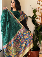 Bottle Green Rai Bandhej Dupatta with Handpainted Kalamkari Pallu in Pure Muga Silk - Masakalee