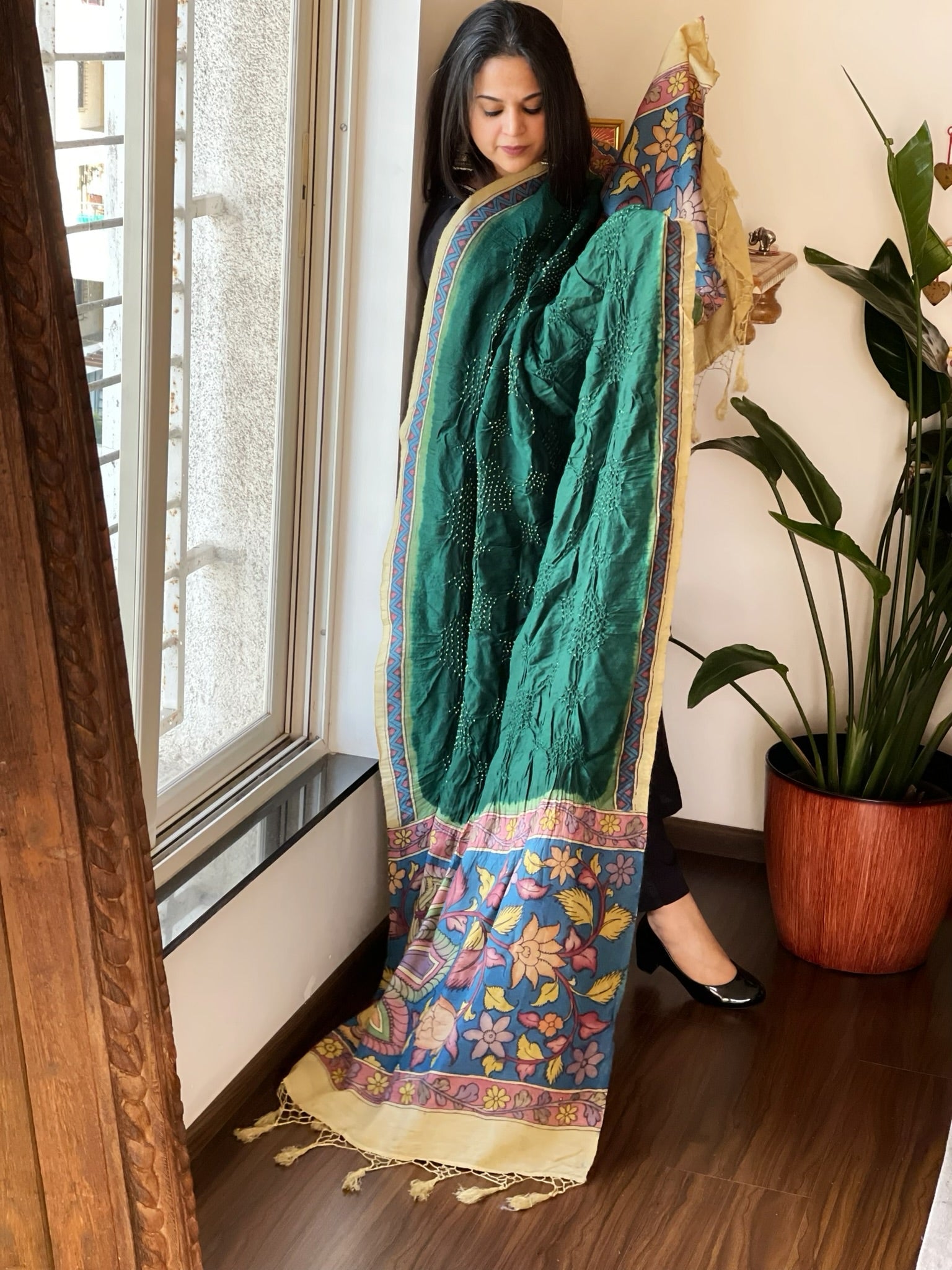 Bottle Green Rai Bandhej Dupatta with Handpainted Kalamkari Pallu in Pure Muga Silk - Masakalee