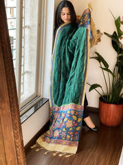 Bottle Green Rai Bandhej Dupatta with Handpainted Kalamkari Pallu in Pure Muga Silk - Masakalee