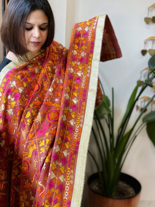 Brick Orange Designer Phulkari Dupatta in Khaddar Cotton - Masakalee