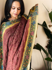 Brick Rai Bandhej Dupatta with Handpainted Kalamkari Pallu in Pure Muga Silk - Masakalee