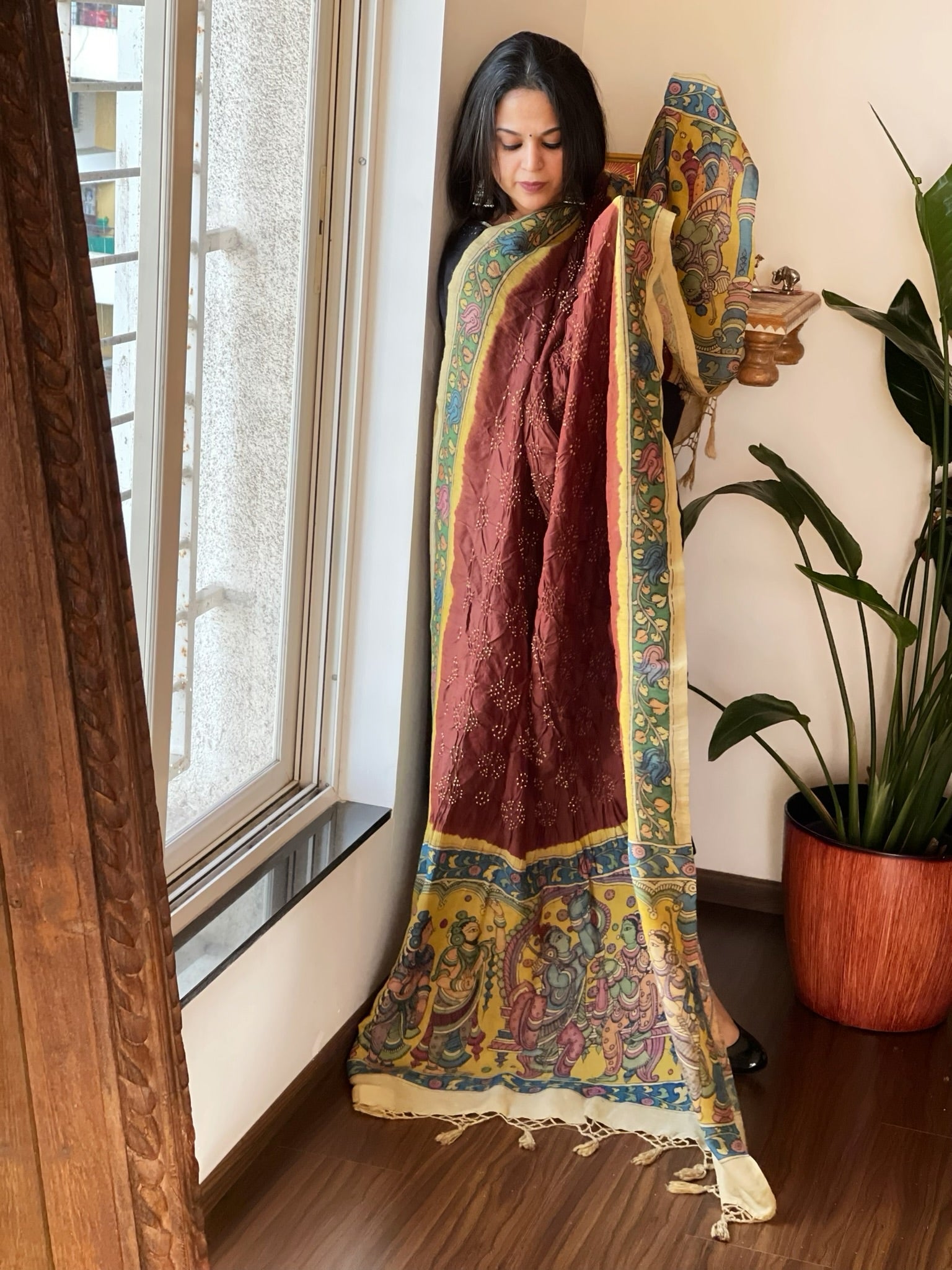 Brick Rai Bandhej Dupatta with Handpainted Kalamkari Pallu in Pure Muga Silk - Masakalee