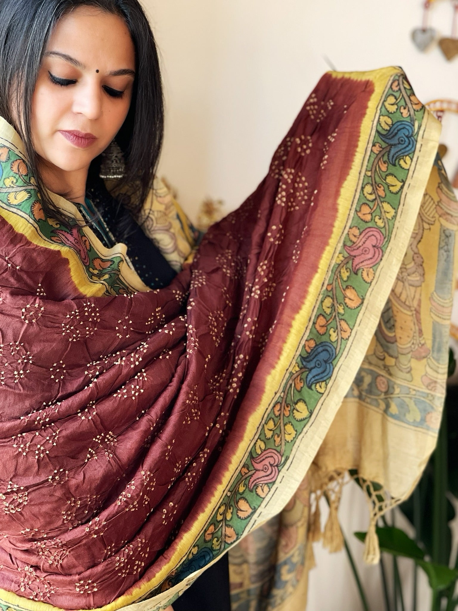 Brick Rai Bandhej Dupatta with Handpainted Kalamkari Pallu in Pure Muga Silk - Masakalee