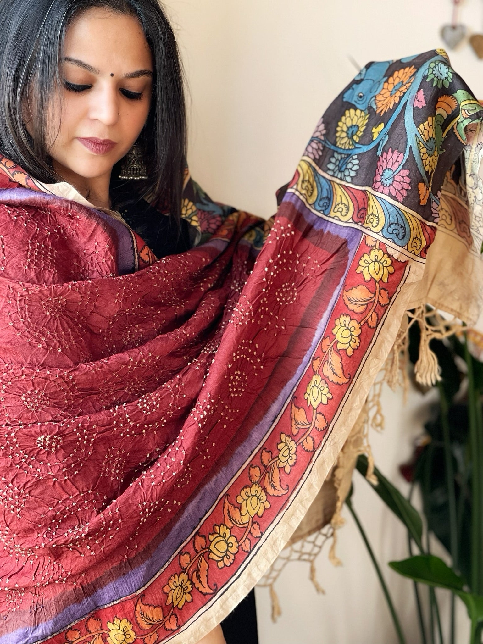 Brick Red Rai Bandhej Dupatta with Handpainted Kalamkari Pallu in Pure Muga Silk - Masakalee