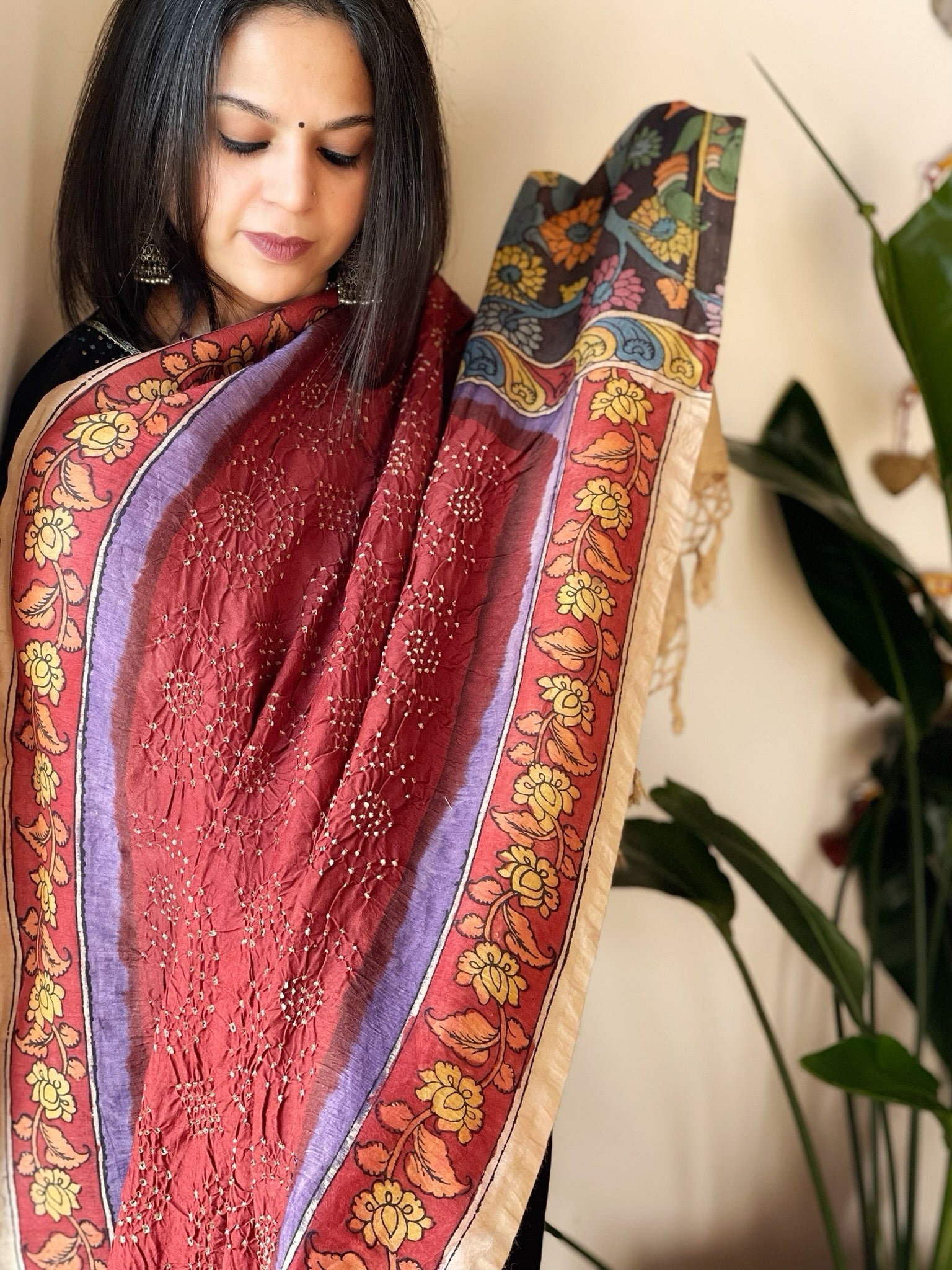 Brick Red Rai Bandhej Dupatta with Handpainted Kalamkari Pallu in Pure Muga Silk - Masakalee