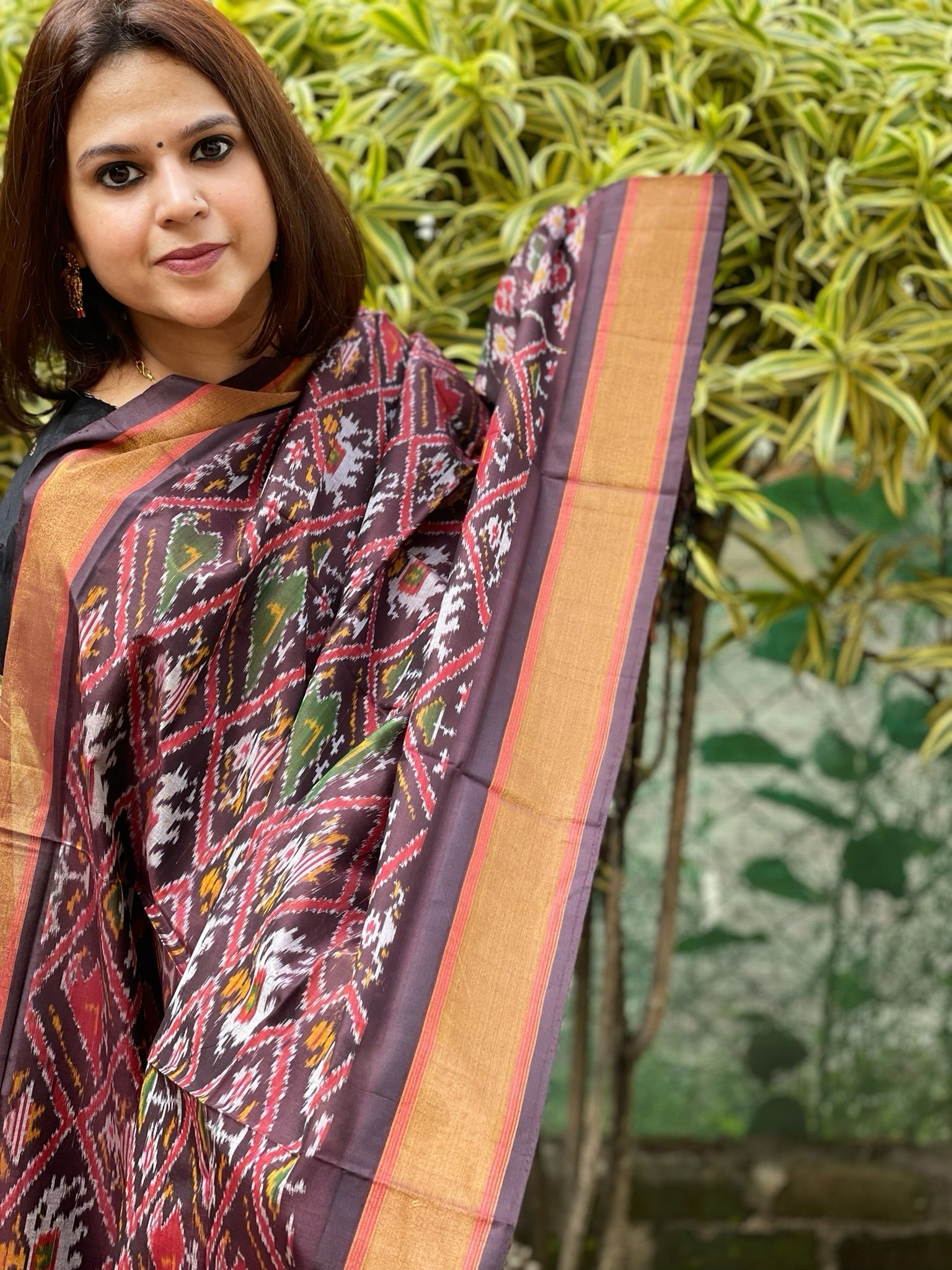 Brown Handwoven Ikat Dupatta Pure Silk - Cotton - Masakalee