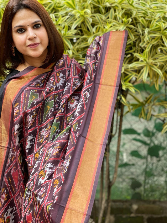 Brown Handwoven Ikat Dupatta Pure Silk - Cotton - Masakalee