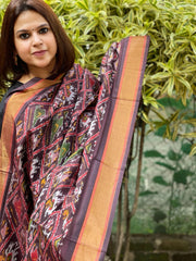 Brown Handwoven Ikat Dupatta Pure Silk - Cotton - Masakalee
