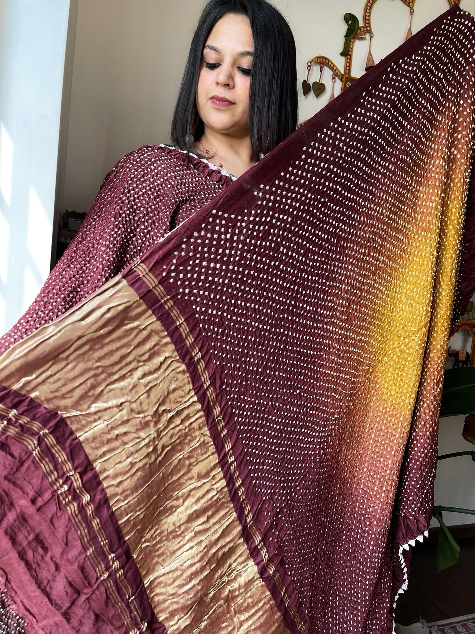 Brown Rai Bandhej Saree in Pure Gajji Silk with Zari Pallu - Masakalee