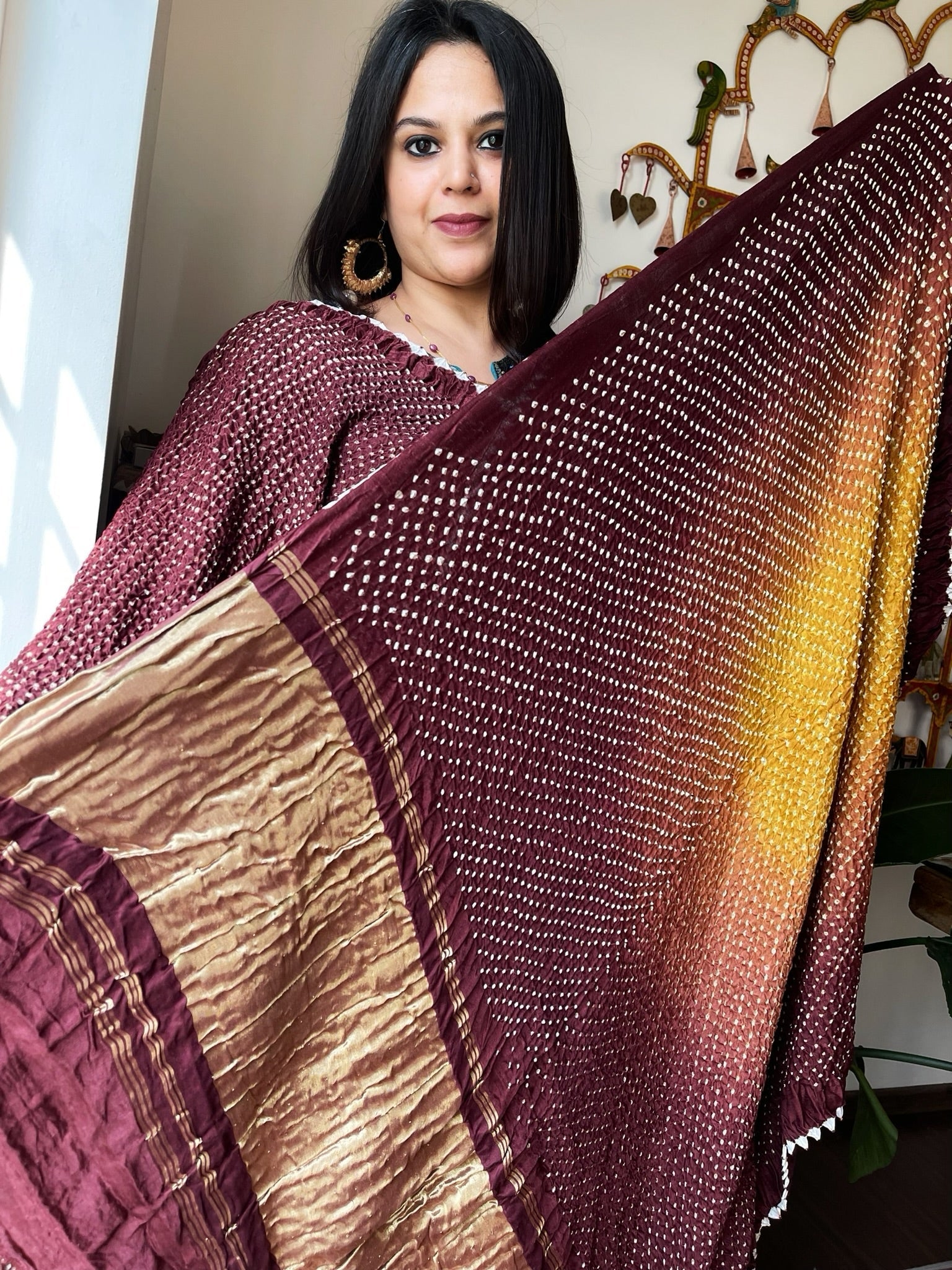 Brown Rai Bandhej Saree in Pure Gajji Silk with Zari Pallu - Masakalee