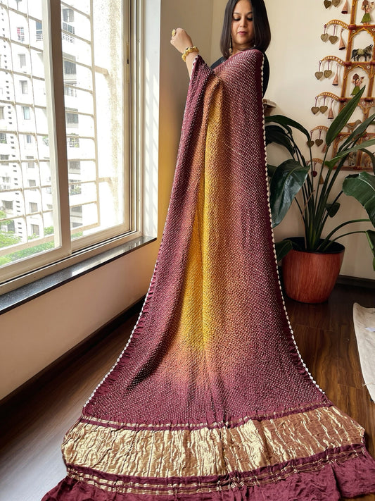 Brown Rai Bandhej Saree in Pure Gajji Silk with Zari Pallu - Masakalee