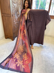 Brown Suit Set with Kantha Stitch Work on Glazed Cotton - Masakalee