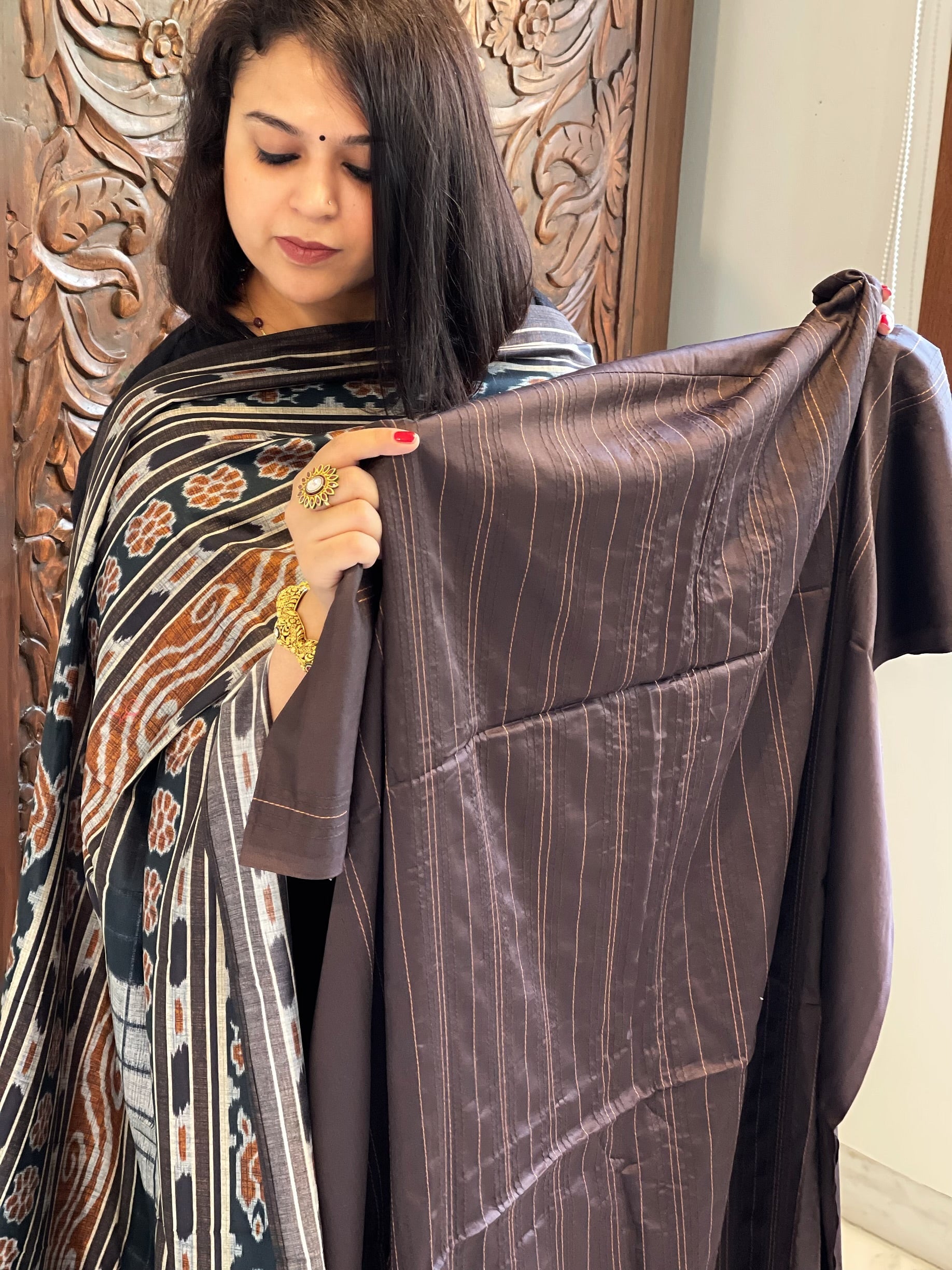 Brown Suit Set with Kantha Stitch Work on Glazed Cotton - Masakalee