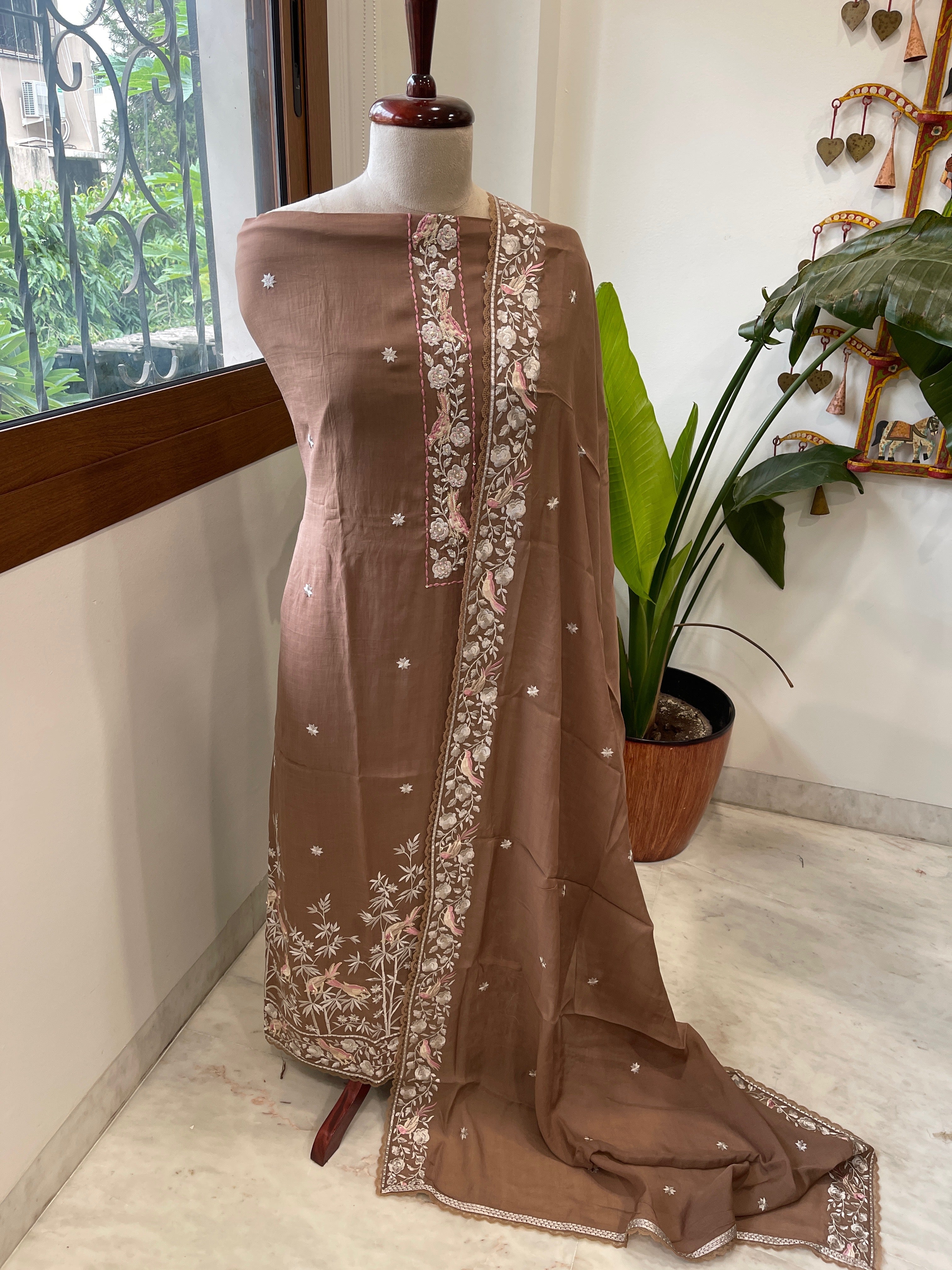 Brown Suit Set with Parsi Gara Embroidery Dupatta in Mul Cotton - Masakalee
