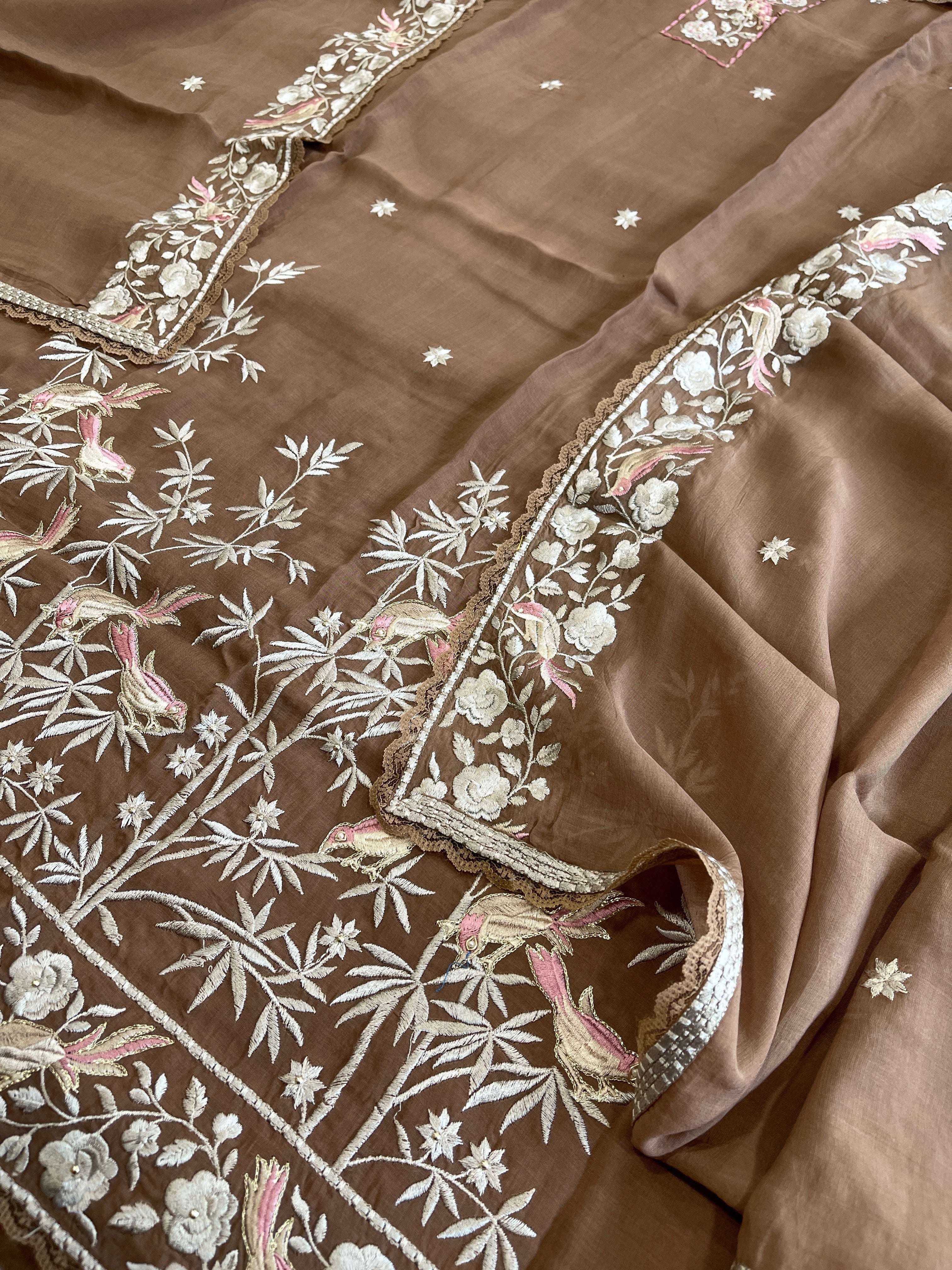 Brown Suit Set with Parsi Gara Embroidery Dupatta in Mul Cotton - Masakalee