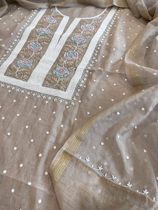 Brown Suit Set with Pearl, Cut Daana and Thread Handwork in Pure Mul Chanderi - Masakalee