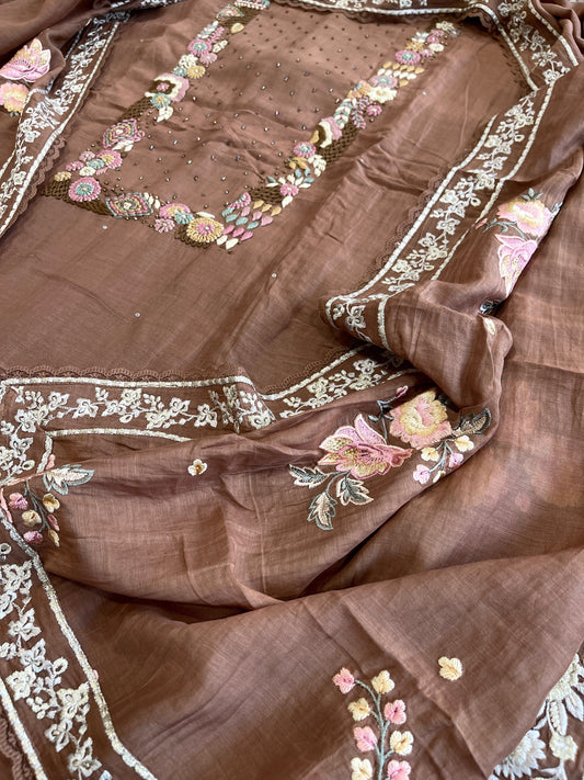 Brown Suit Set with Thread Handwork and Parsi Gara Dupatta in Mul Cotton - Masakalee