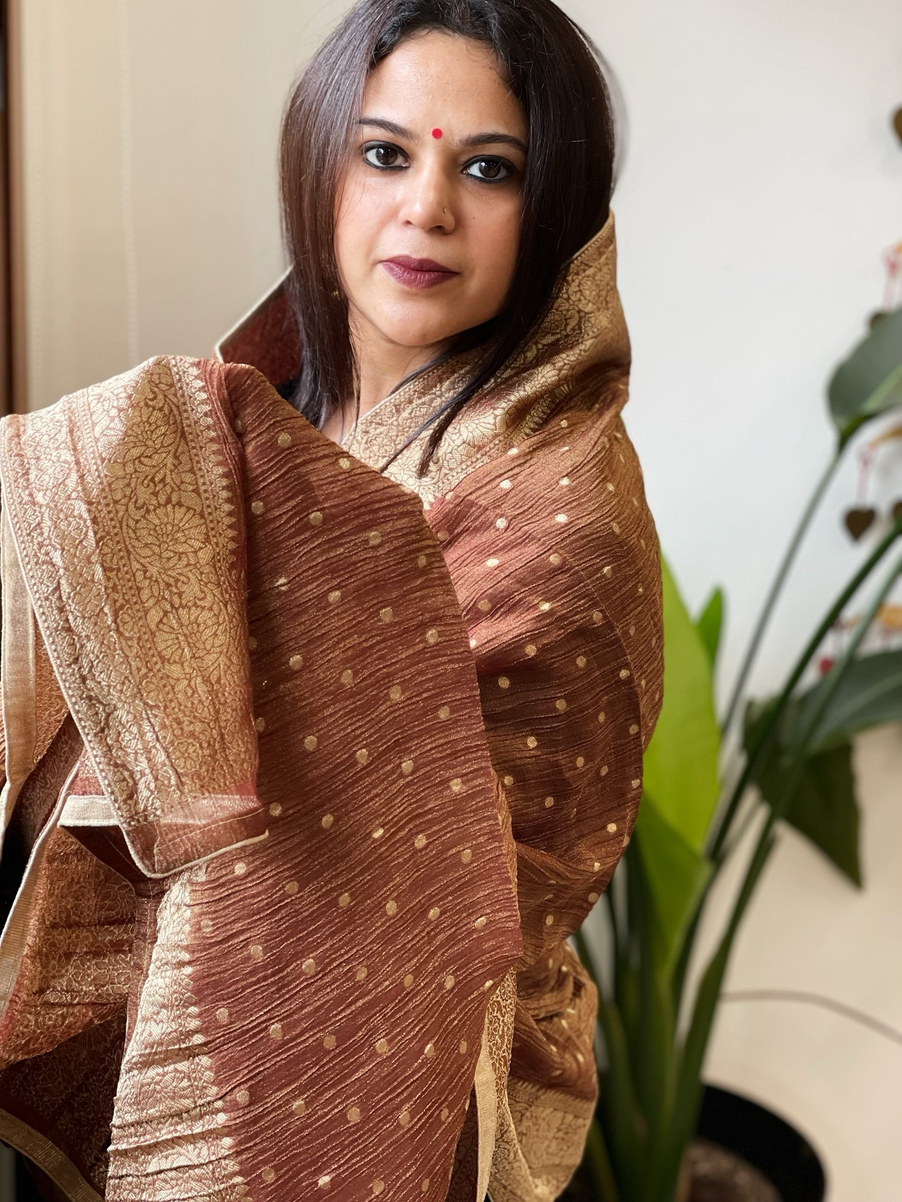 Brown Woven Banarasi Dupatta in Tissue - Masakalee
