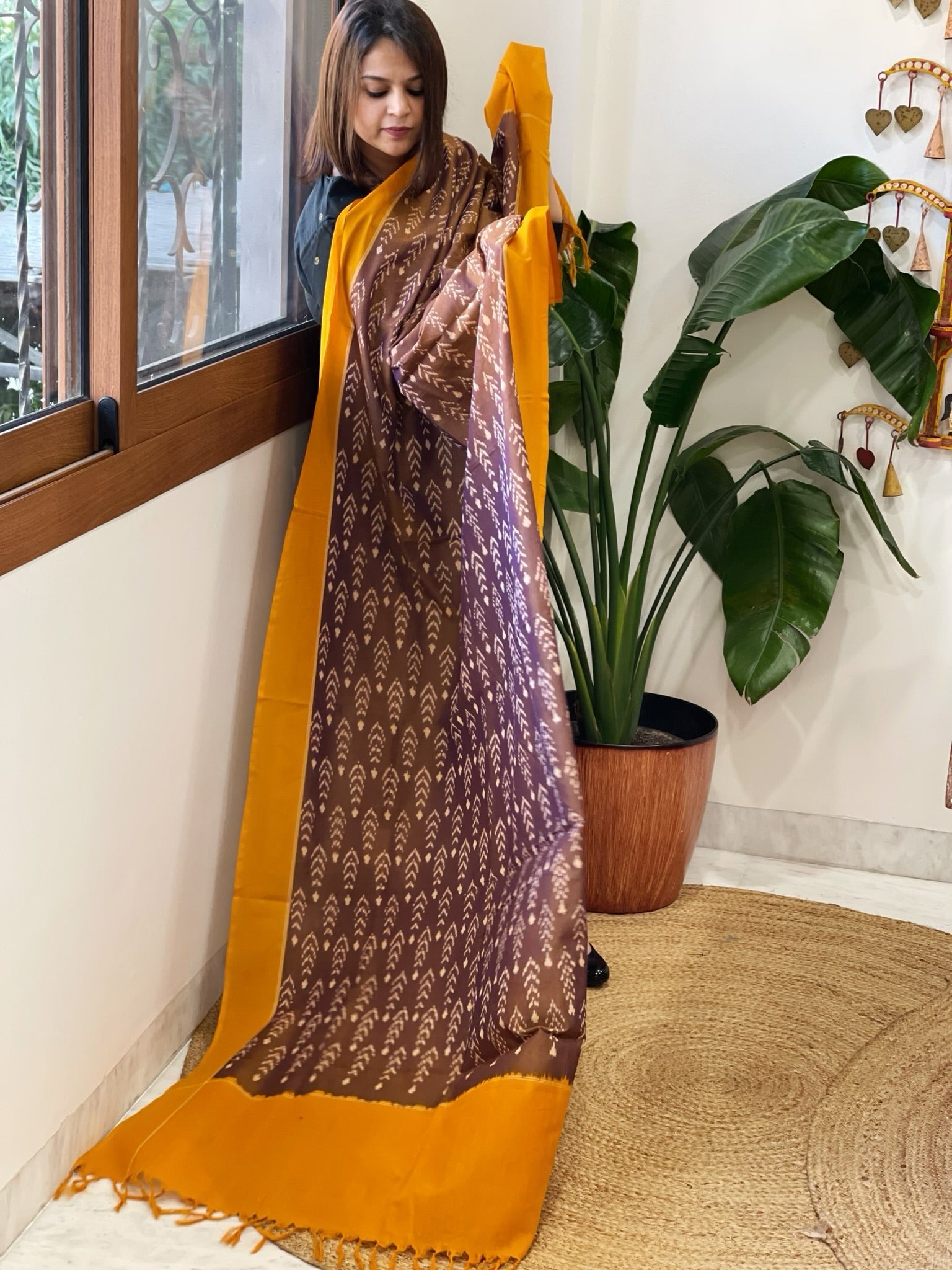 Brown, Yellow Handwoven Ikat Dupatta in Cotton - Masakalee