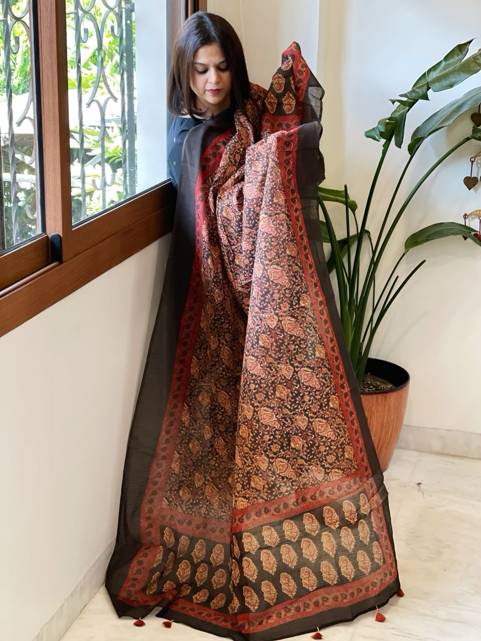 Brownish Black Kota Cotton Handblock Printed Dupatta - Masakalee