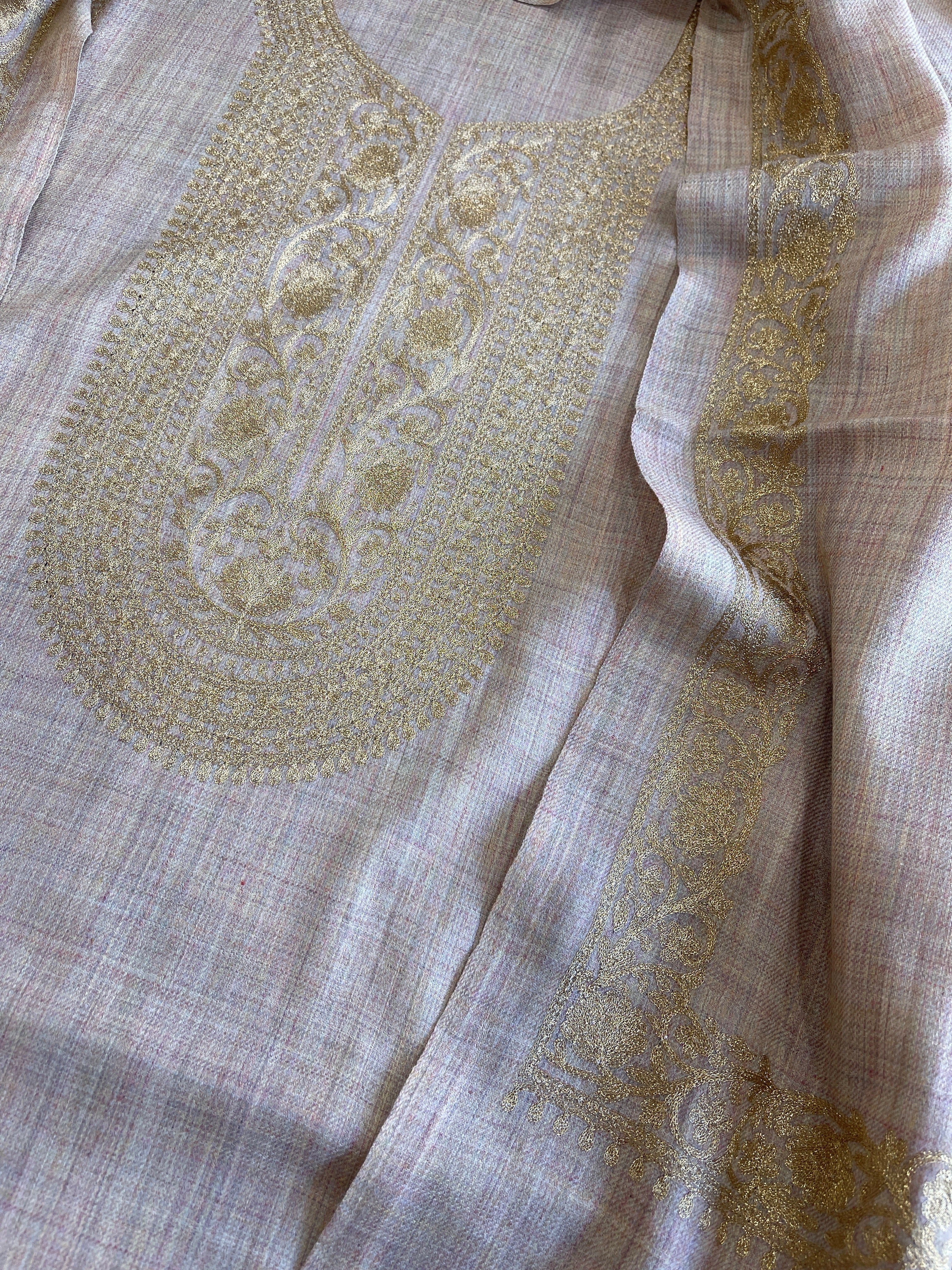 Campaigne Beige Winter Suit Set with Aari Work in Pashmina Wool - Masakalee