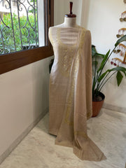 Campaigne Beige Winter Suit Set with Aari Work in Pashmina Wool - Masakalee