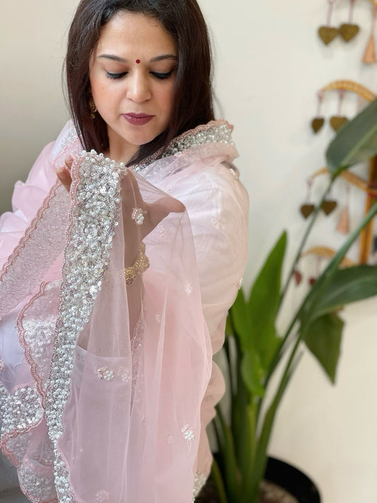 Candy Floss Net Dupatta with Sequin and Pearl Embroidery - Masakalee