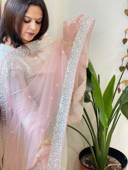 Candy Floss Net Dupatta with Sequin and Pearl Embroidery - Masakalee