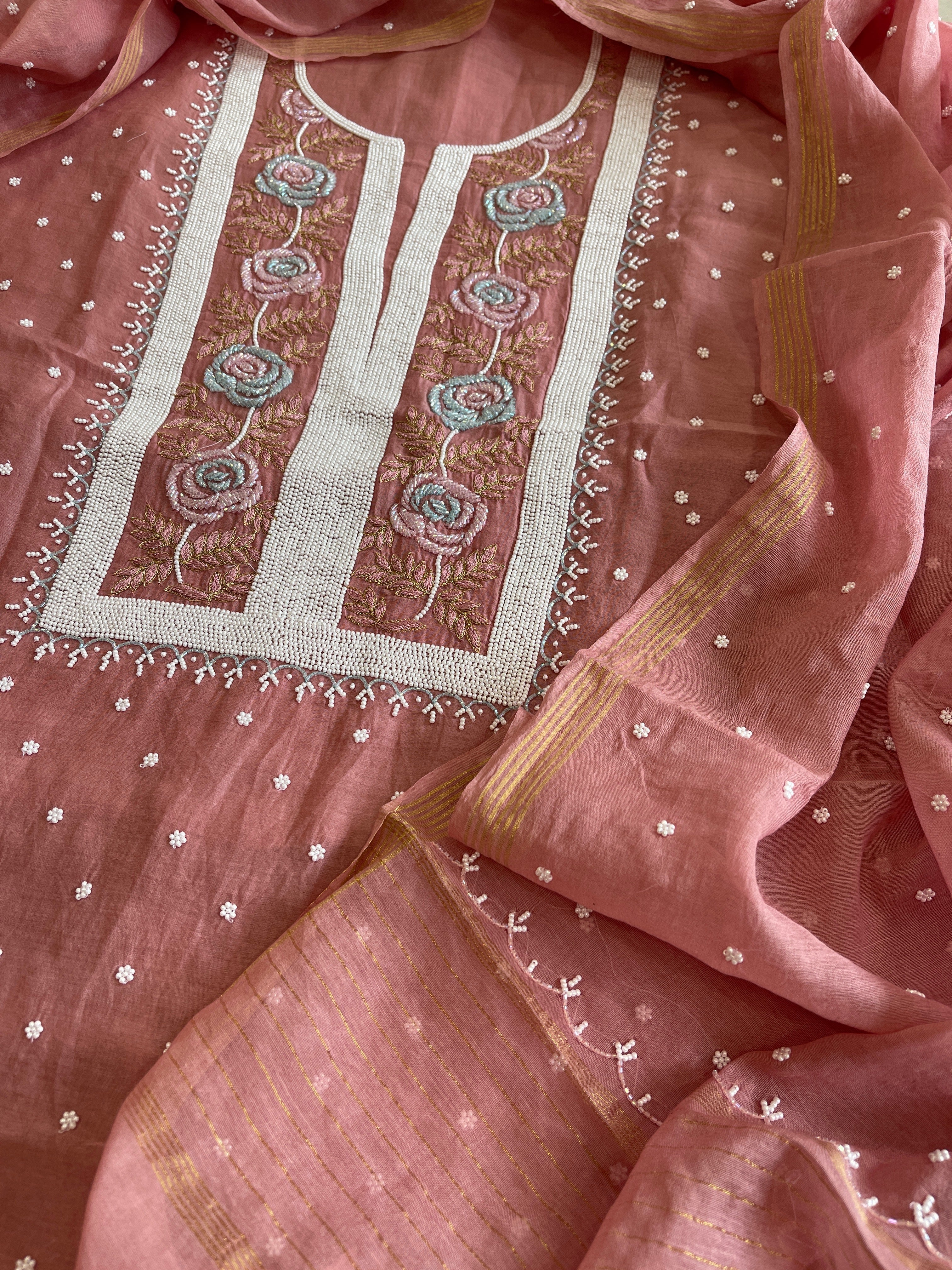 Carrot Peach Suit Set with Pearl, Cut Daana and Thread Handwork in Pure Mul Chanderi - Masakalee