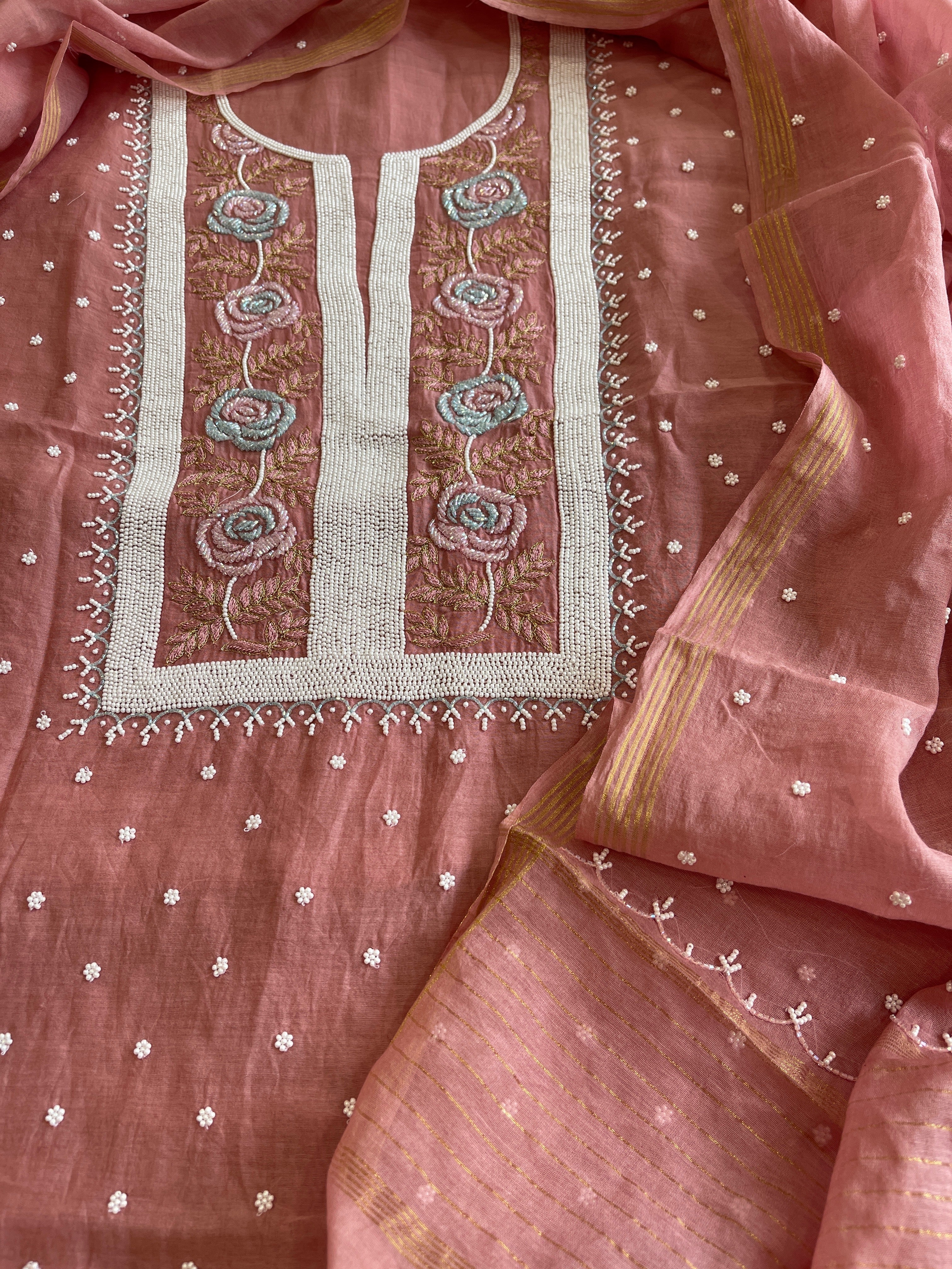 Carrot Peach Suit Set with Pearl, Cut Daana and Thread Handwork in Pure Mul Chanderi - Masakalee