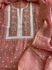 Carrot Peach Suit Set with Pearl, Cut Daana and Thread Handwork in Pure Mul Chanderi - Masakalee