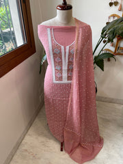 Carrot Peach Suit Set with Pearl, Cut Daana and Thread Handwork in Pure Mul Chanderi - Masakalee