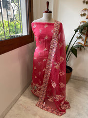Carrot Pink Dupatta Set (Kurta+Dupatta) with Thread Embroidery in Pure Organza - Masakalee
