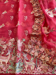 Carrot Pink Dupatta Set (Kurta+Dupatta) with Thread Embroidery in Pure Organza - Masakalee