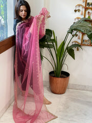 Carrot Pink Net Dupatta with Pearl, Sequin and Cut Daana Embroidery - Masakalee
