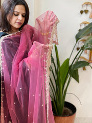 Carrot Pink Net Dupatta with Pearl, Sequin and Cut Daana Embroidery - Masakalee