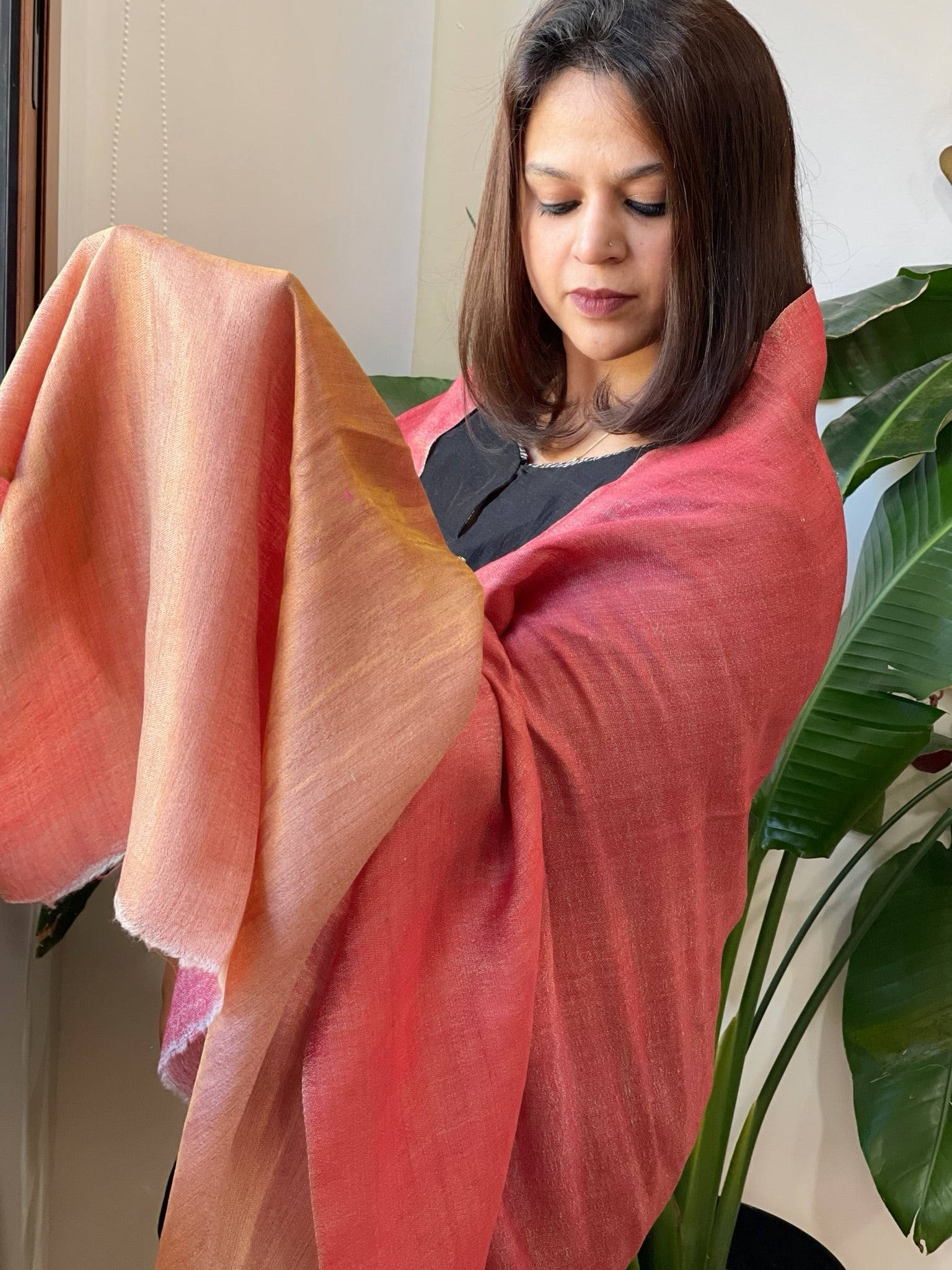 Carrot Pink Pashmina Shawl with Zari - Masakalee