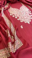 Carrot Pink Winter Suit Set with Aari Work in Pashmina Wool - Masakalee