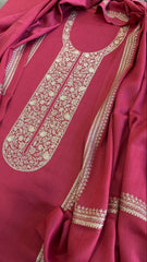 Carrot Pink Winter Suit Set with Aari Work in Pashmina Wool - Masakalee