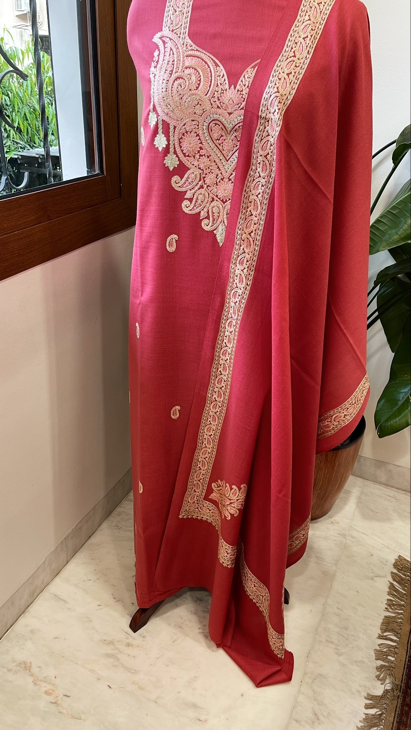 Carrot Pink Winter Suit Set with Aari Work in Pashmina Wool - Masakalee
