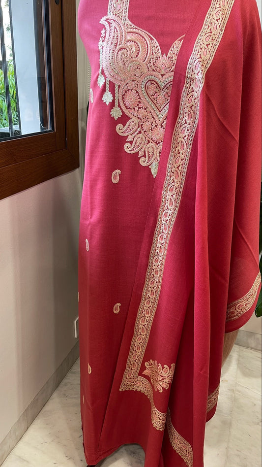 Carrot Pink Winter Suit Set with Aari Work in Pashmina Wool - Masakalee